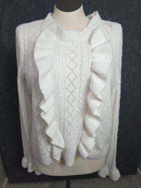 Francescas White Knit Sweater With Ruffle Front Detail XL